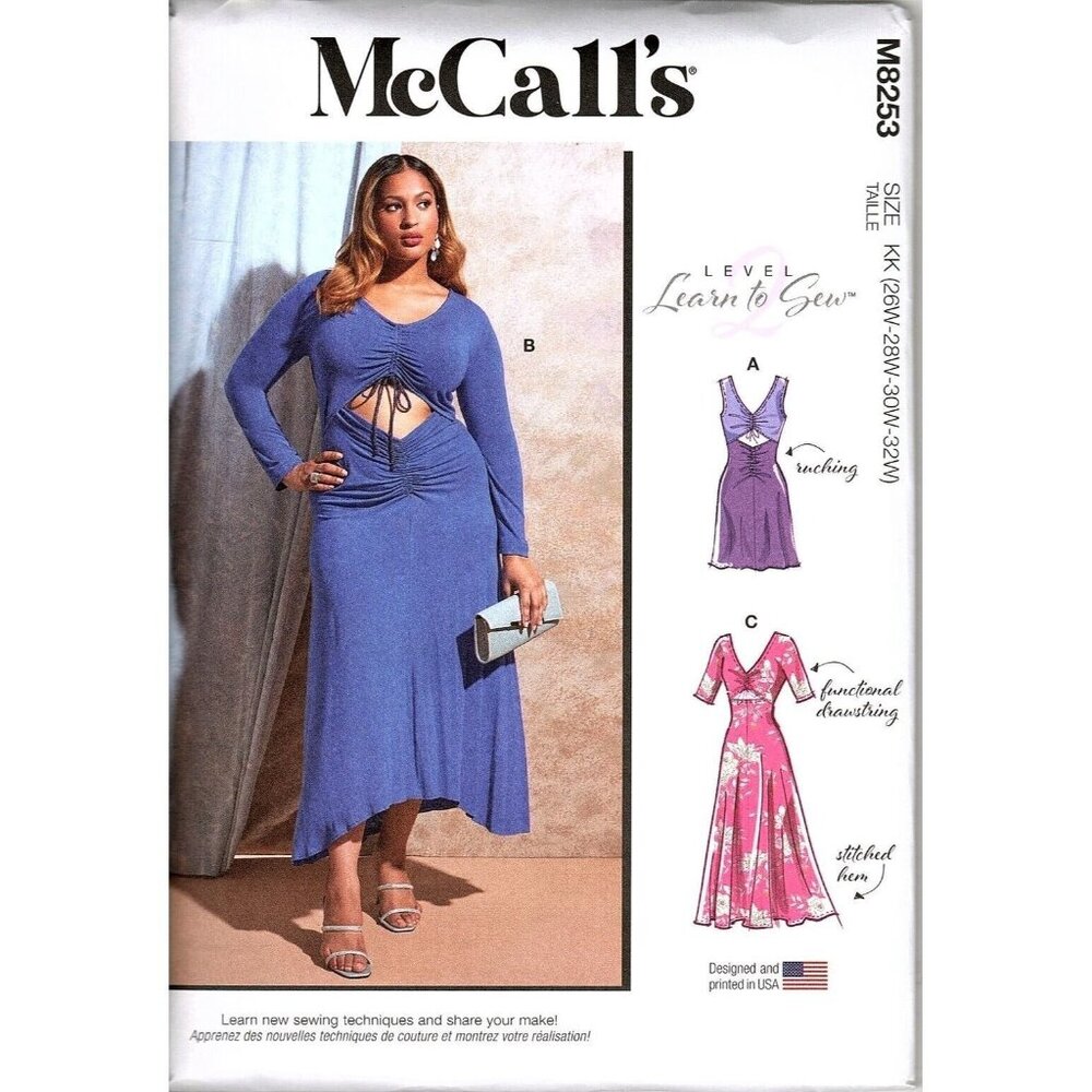 McCall's M8253 Womens 26W to 32W Learn To Sew Ruched Dress Uncut Sewing Pattern